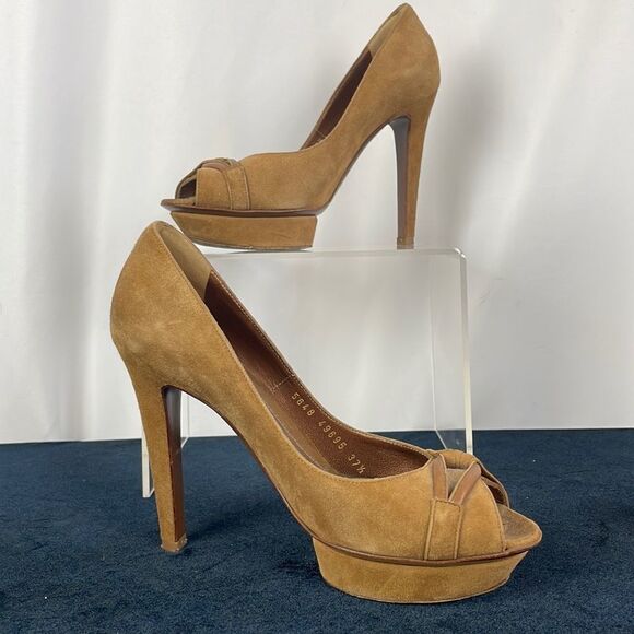 Sergio Rossi Tan Suede Peep Toe Platforms - Picture 1 of 8